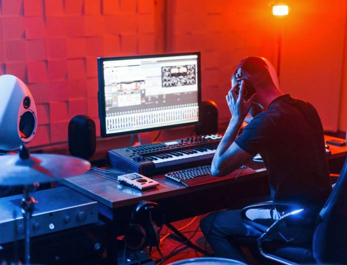 Guy have a job with project and mixing music indoors in the studio Guy have a job with project and mixing music indoors in the studio.