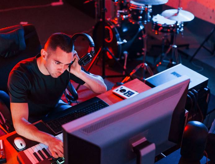 Professional sound engineer working and mixing music indoors in the studio Professional sound engineer working and mixing music indoors in the studio.