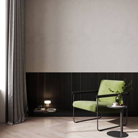 Stylish room interior, console table with decor near wall with green armchair and wooden floor, 3d visualization