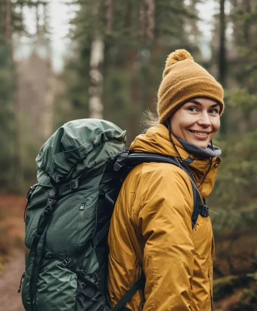 Cheerful Woman Hiking in the Forest