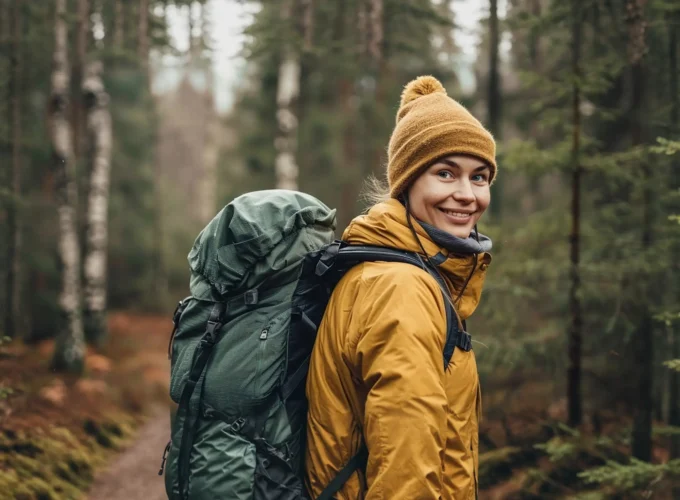 Cheerful Woman Hiking in the Forest