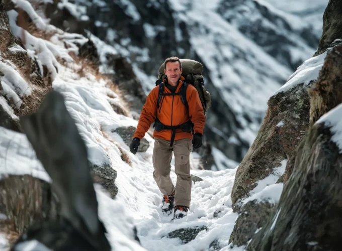 Man Hiking in Snowy Mountains